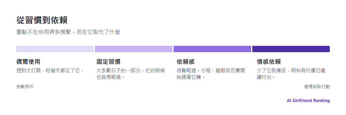 從偶爾使用、固定習慣到依賴與成癮的光譜，附上各階段的簡短說明