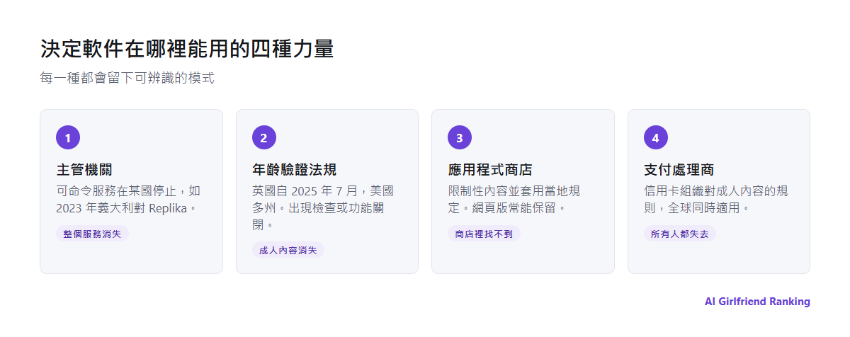 依國家限制 AI 伴侶軟件的四種力量：主管機關、年齡驗證法規、應用程式商店與支付處理商